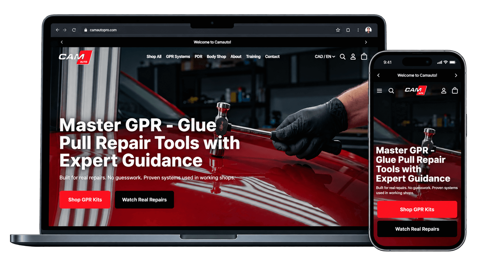 CamAutoPro e-commerce website shown on desktop and mobile devices