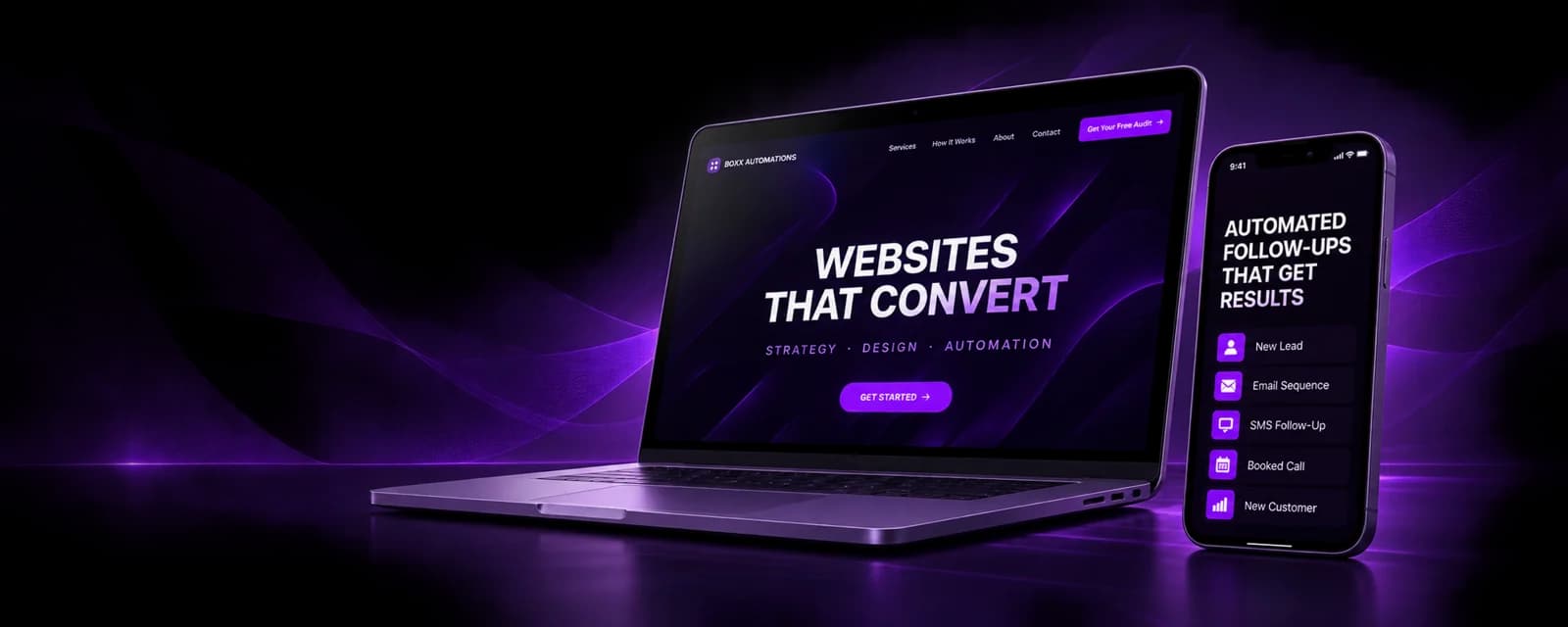 BOXX laptop: Websites that convert. Smartphone: Automated follow-ups that get results.